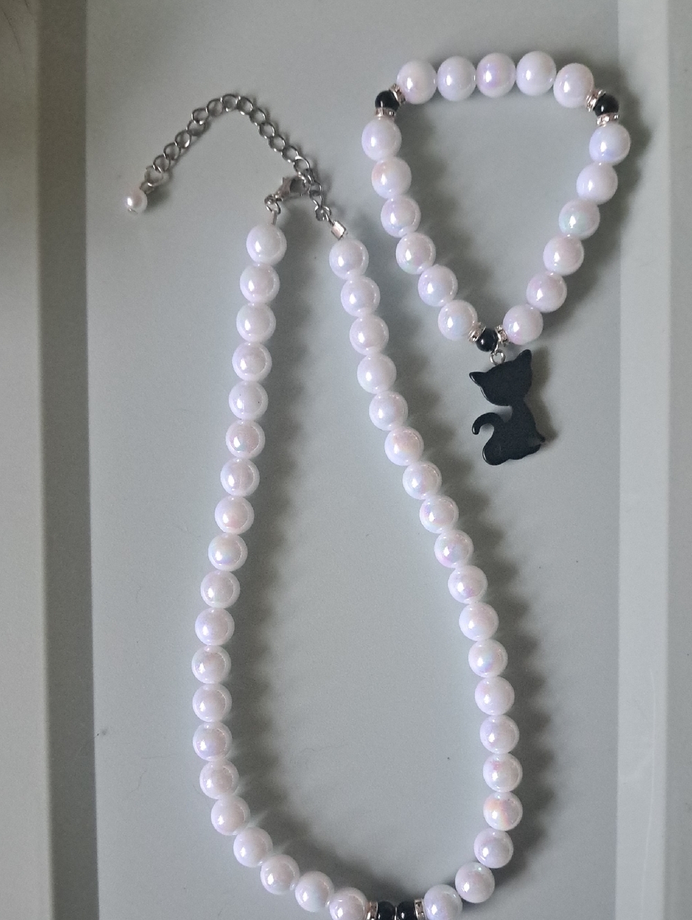 Unique White Bead Necklace with Black Cat Charm Bracelet - Picture 4 of 4